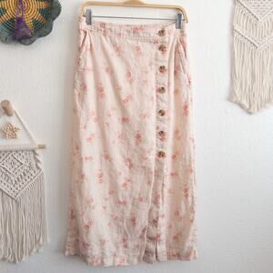 Shabby Chic 100% Linen Floral Midi Button Down Skirt Size Small